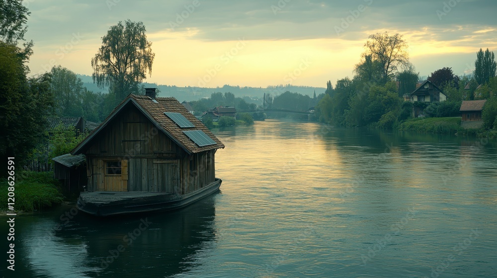Fototapeta premium Serene Sunrise over River with Rustic Wooden Houseboat and Solar Panels