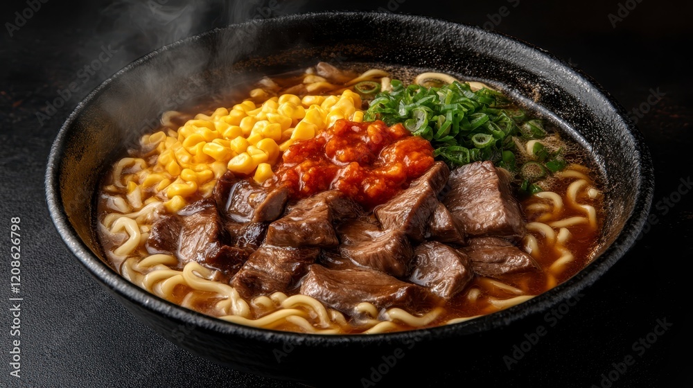Steaming Hot Beef Ramen Noodles with Corn Chili and Green Onions in Black Bowl Steaming Hot Beef Ramen Noodles with Corn Chili and Green Onions in Black Bowl