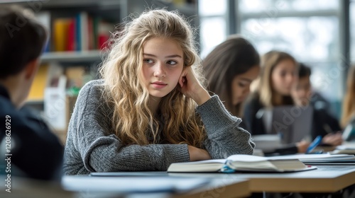 Teenage Girl Studying in Library Focused Young Woman Reading Book Academic Concentration