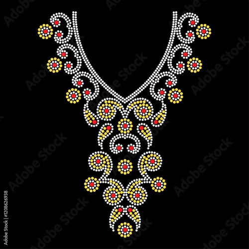Rhinestone applique collar design for t-shirt or blouse hot-fix transfer. Abstract beautiful glitter applique rhinestone motif.	