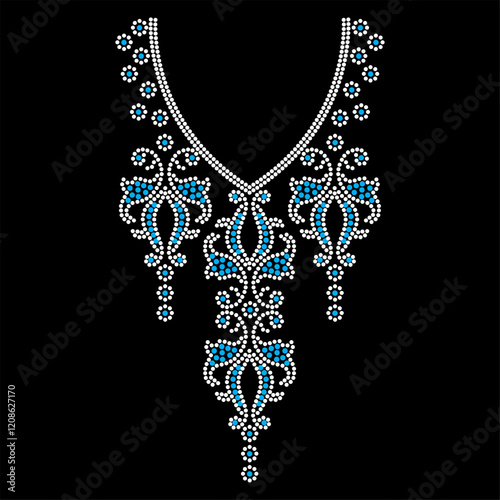Rhinestone applique collar design for t-shirt or blouse hot-fix transfer. Abstract beautiful glitter applique rhinestone motif.	
