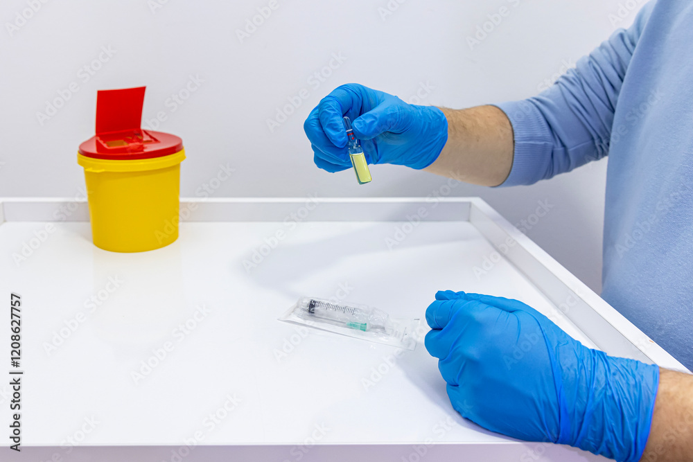 On a white background, hands in blue latex gloves remove and break an ampoule, drawing medication into a syringe. Hospital or emergency room scene. Photo of needle, syringe and medication ampoule. On a white background, hands in blue latex gloves remove and break an ampoule, drawing medication into a syringe. Hospital or emergency room scene. Photo of needle, syringe and medication ampoule.