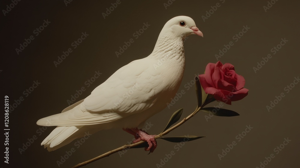 Elegant White Dove Perched on Branch with Red Rose Peace Love Nature Photography Elegant White Dove Perched on Branch with Red Rose Peace Love Nature Photography