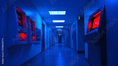 ATM Machines in a Blue Lit Corridor at Night Modern Financial Technology photo