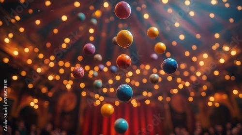 Juggler's colorful balls fly in circus tent