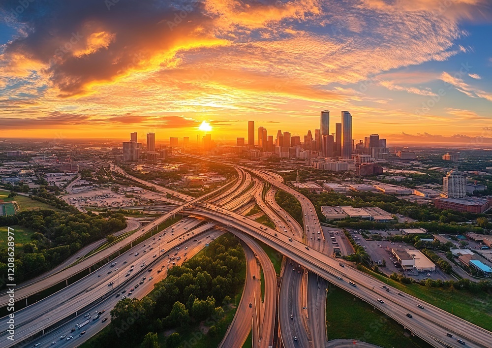 Fototapeta premium Aerial view of a drone photograph, a beautiful sunset over the city skyline with multiple highway interchanges.