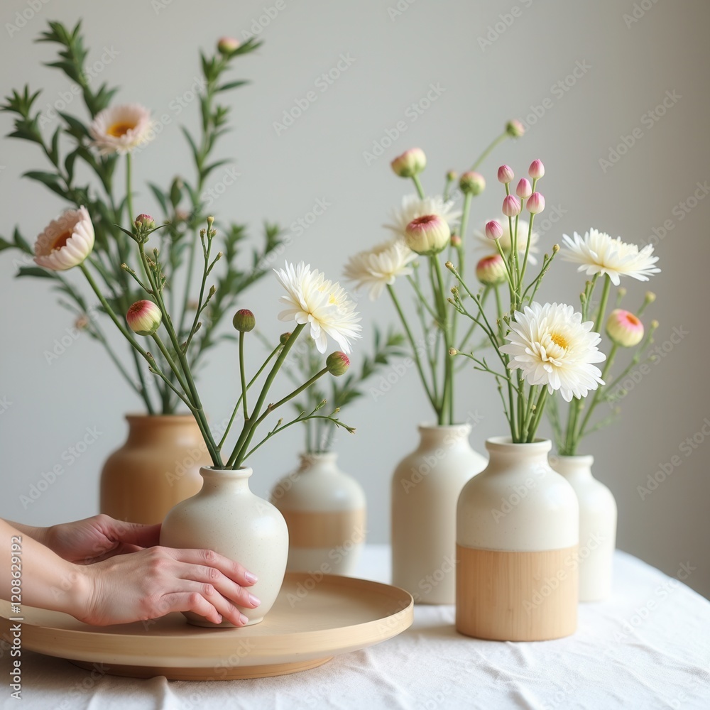 custom made wallpaper toronto digitalHands arranging delicate flowers in minimalist ceramic vases on a white table, surrounded by natural decor and soft lighting for a serene aesthetic. Generative, AI,