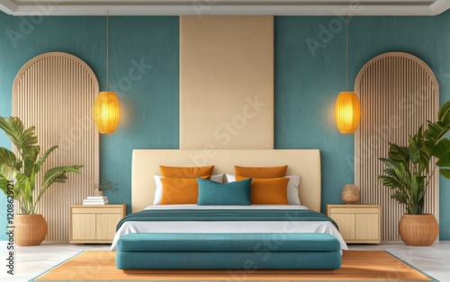 Airy and sophisticated room featuring mocha mousse walls, deep teal cushions, and warm amber lighting photo