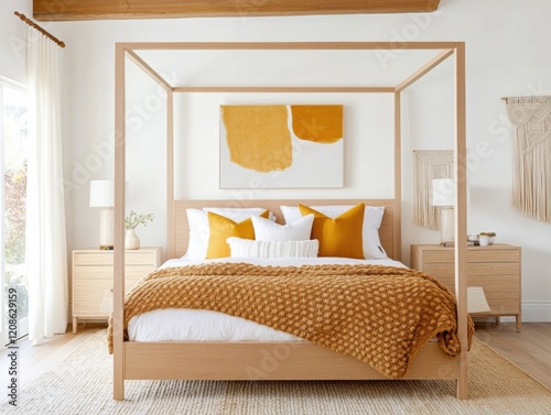 Boho chic bedroom featuring a chunky knit blanket in mustard yellow, a canopy bed with woven rattan elements, bold abstract artwork in terracotta