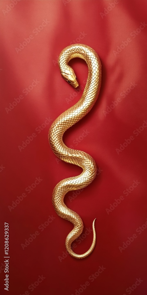 Golden snake elegantly coiled on a red surface showcasing its intricate scales and striking appearance Golden snake elegantly coiled on a red surface showcasing its intricate scales and striking appearance