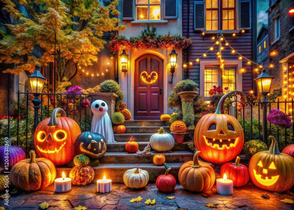 Obraz premium Adorable Halloween scene: spooky ghosts, pumpkins, and bats create a delightful print or decoration.