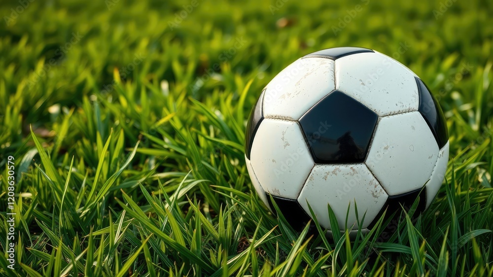 Obraz premium A close-up of a soccer ball on a green grass field with blades of grass surrounding it, outdoor, athletic, ball