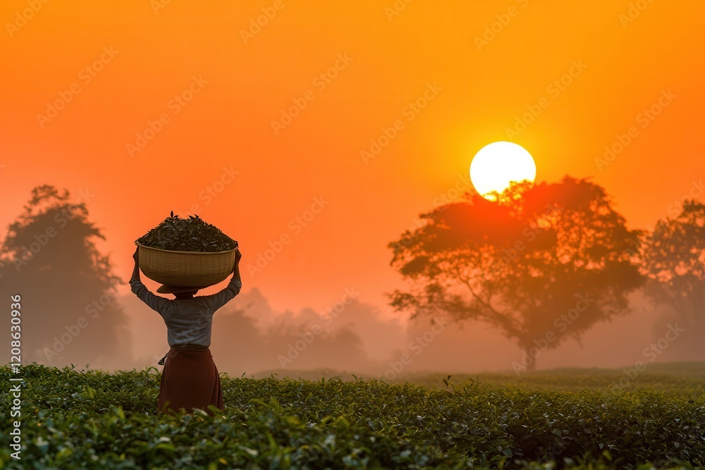 Fototapeta premium Silhouette of a Person Holding a Full Basket in a Panoramic Plantations Scene Against the Backlit Setting Sun in a Tea Field Landscape