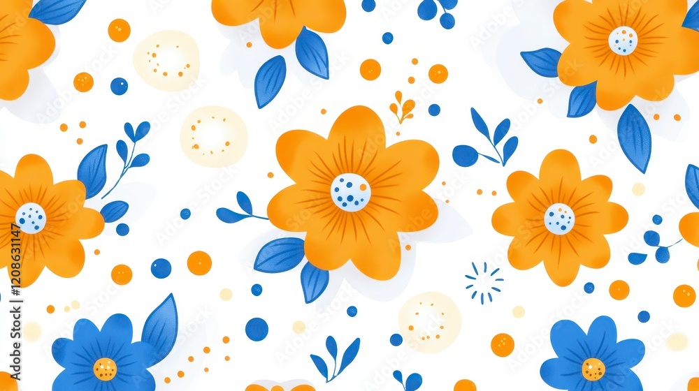 Seamless Pattern Design Vibrant Orange and Blue Flowers Abstract White Background Seamless Pattern Design Vibrant Orange and Blue Flowers Abstract White Background