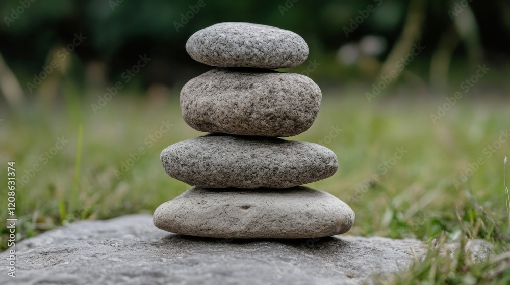 Stacked stones on grass, zen garden concept. Stacked stones on grass, zen garden concept.