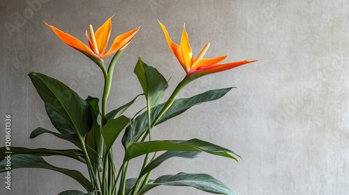 Vibrant Orange Bird of Paradise Flowers in Pot Lush Green Foliage Grey Background