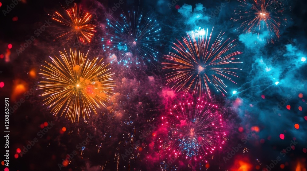 Fourth of July fireworks, close-up of bright explosions in the night sky, vibrant colors Fourth of July fireworks, close-up of bright explosions in the night sky, vibrant colors