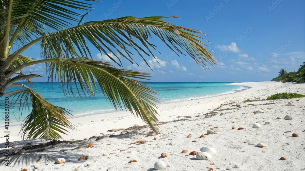 Fototapeta premium A cluster of swaying palm fronds against a backdrop of endless ocean blue and white sandy shore with a few scattered seashells, waves, sand, beach