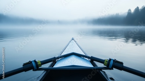 A rowing shell with a focus on the oarlocks and calm water, outdoor setting with morning fog, Tranquil style photo