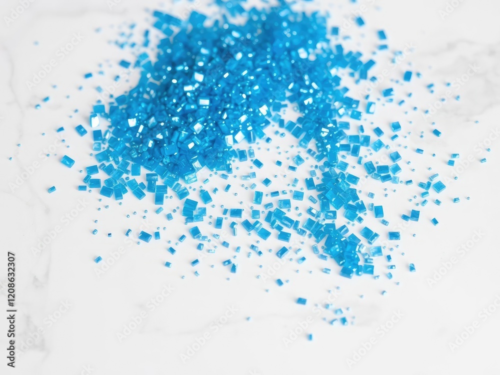 Obraz premium A collection of glinting blue particles scattered on a white marble surface, radiant shards, gemstone shards