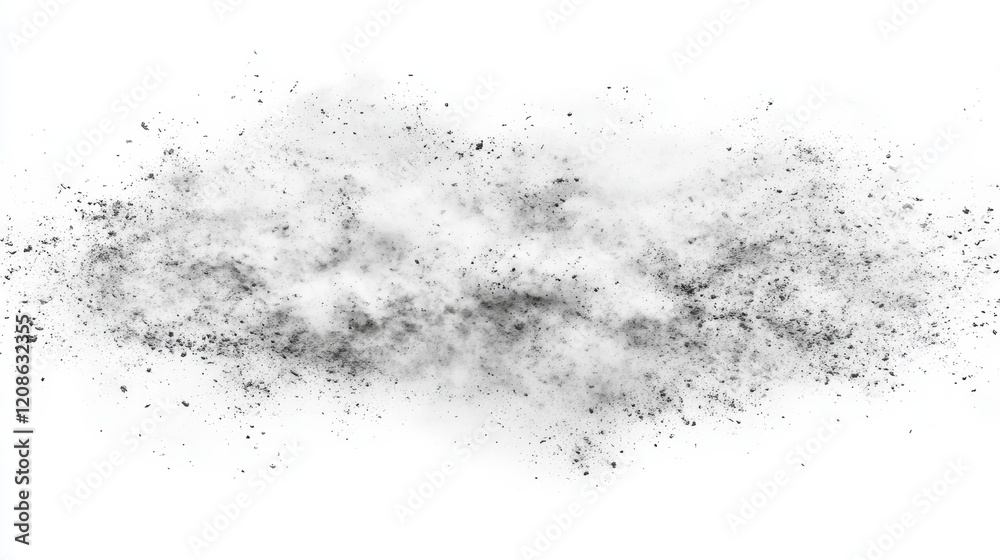 Fototapeta premium Abstract Black Dust Cloud Explosion Scattered Particles on White Background