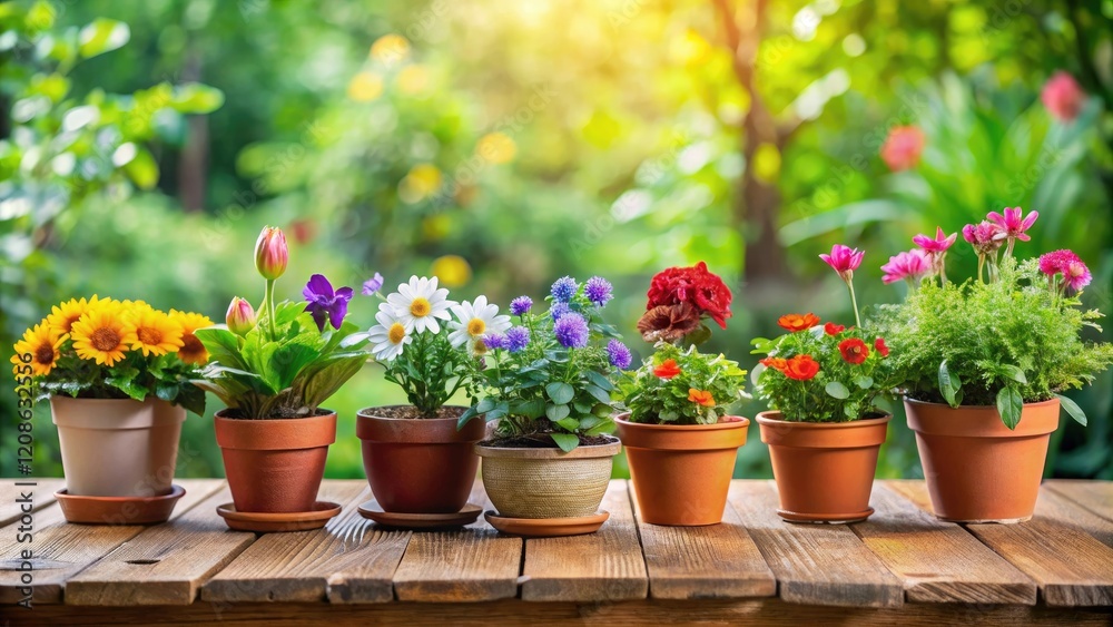 A collection of small potted plants with fresh greenery and colorful flowers placed on a wooden side table, wooden side table, fresh cut flowers, botanical design A collection of small potted plants with fresh greenery and colorful flowers placed on a wooden side table, wooden side table, fresh cut flowers, botanical design