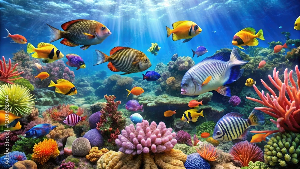 Naklejka premium A colorful array of tropical fish swimming in an underwater coral reef, wildlife, reef, coral