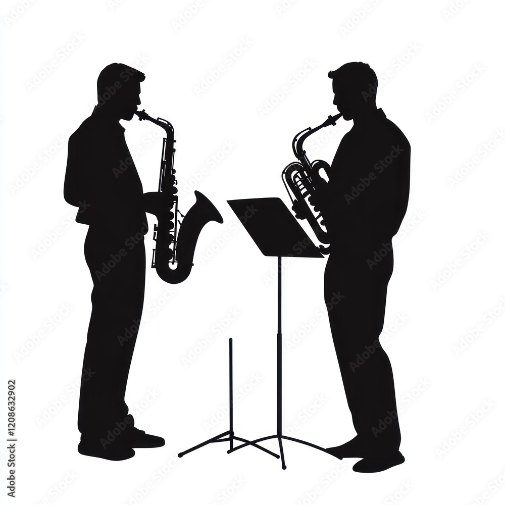 Naklejka premium Saxophonists duet, music stand, white background, performance illustration.