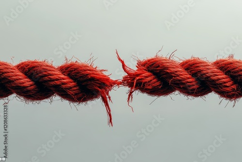 Red frayed rope being pulled in two directions, with torn ends, creating tension and conflict against a white background.