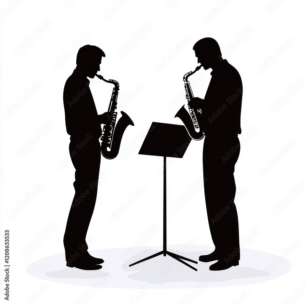 Naklejka premium Saxophone duet silhouette, music stand, white background, musical performance, design element.