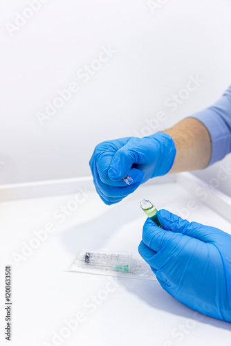 On a white background, hands in blue latex gloves remove and break an ampoule, drawing medication into a syringe. Hospital or emergency room scene. Photo of needle, syringe and medication ampoule.