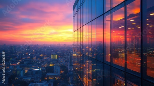 modern glasswalled office space at twilight city lights twinkling below soft focus purpleorange sunset reflecting off surrounding buildings photo