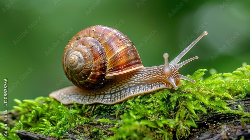 Close-up of a snail on a moss-covered log in a lush green forest, showcasing nature's beauty Close-up of a snail on a moss-covered log in a lush green forest, showcasing nature's beauty