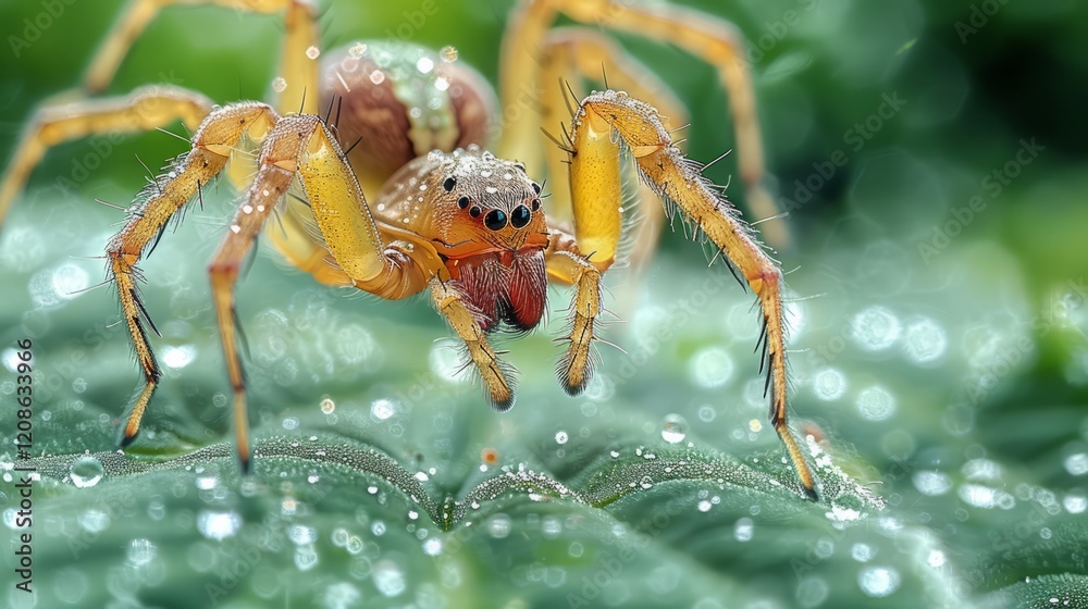 Fototapeta premium Close-Up of a Spider on a Dew-Covered Leaf