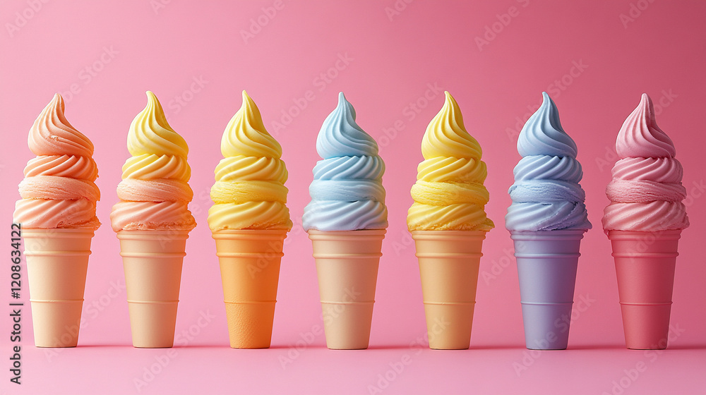 A set of colorful ice cream cones stacked on top of each other symbolizing summer fun and indulgence with a minimalistic bright tone and modern blurred background for an empty caption space

