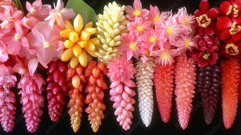 Vibrant Pink Red and Orange Tropical Flowers Exotic Hawaiian Lei Blooms Close Up Vibrant Pink Red and Orange Tropical Flowers Exotic Hawaiian Lei Blooms Close Up