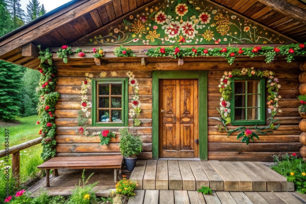 A cozy, rustic cabin with wooden walls adorned with traditional, hand-painted designs featuring green foliage and floral patterns, home, texture, pattern, wood A cozy, rustic cabin with wooden walls adorned with traditional, hand-painted designs featuring green foliage and floral patterns, home, texture, pattern, wood