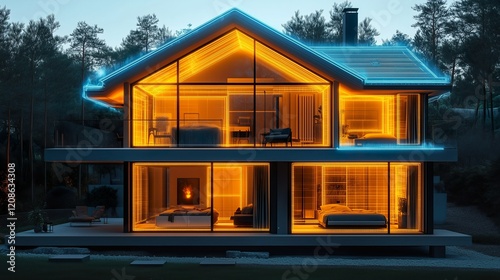 Modern house illuminated at night in tranquil forest setting