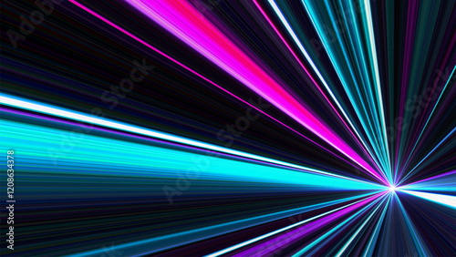 Futuristic bright glowing neon light beams spreading dynamically with sense of motion. Hyperjump in space at speed of light. Warp speed effect in space travel with radiant light. Vector illustration