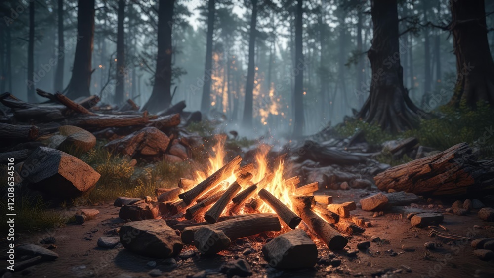 Obraz premium A crackling campfire in the depths of a dense forest, mystery, foliage