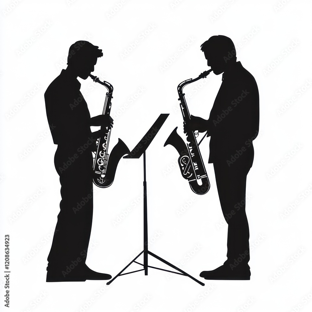Naklejka premium Saxophonists duet, studio, silhouette, music performance, illustration.