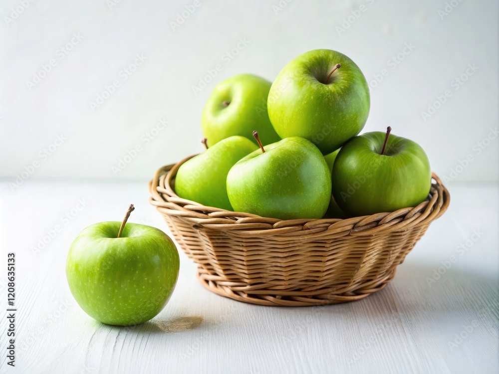 A pristine white backdrop showcases a basket of vibrant green apples; pure simplicity. A pristine white backdrop showcases a basket of vibrant green apples; pure simplicity.