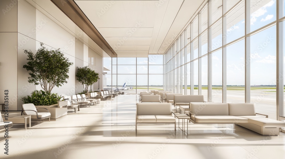 Fototapeta premium A bright and airy seating area in the terminal, with rows of empty chairs and large windows framing a sunny runway.