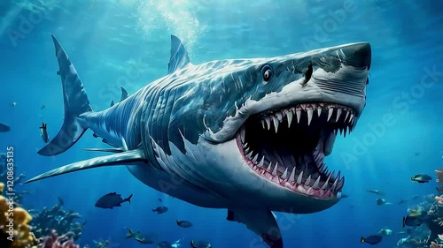 A massive prehistoric Megalodon shark swims through the ocean with its mouth open, revealing rows of sharp teeth.
