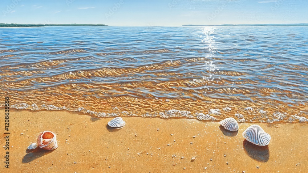 Obraz premium A calm shoreline with gentle ripples, golden sand, and vibrant seashells scattered about.