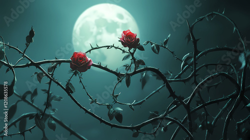 Thorny branches tangled with rose canes in lunar light, elegance, thorns. Lunar Garden. Illustration photo