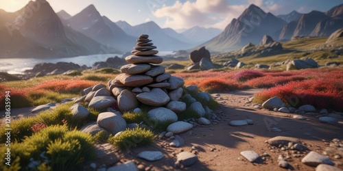 A lone cairn marks the spot where time and nature converge, sunset, harmony with nature , mountain peak photo