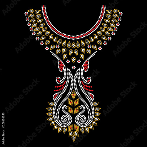 Rhinestone applique collar design for t-shirt or blouse hot-fix transfer. Abstract beautiful glitter applique rhinestone motif.	
