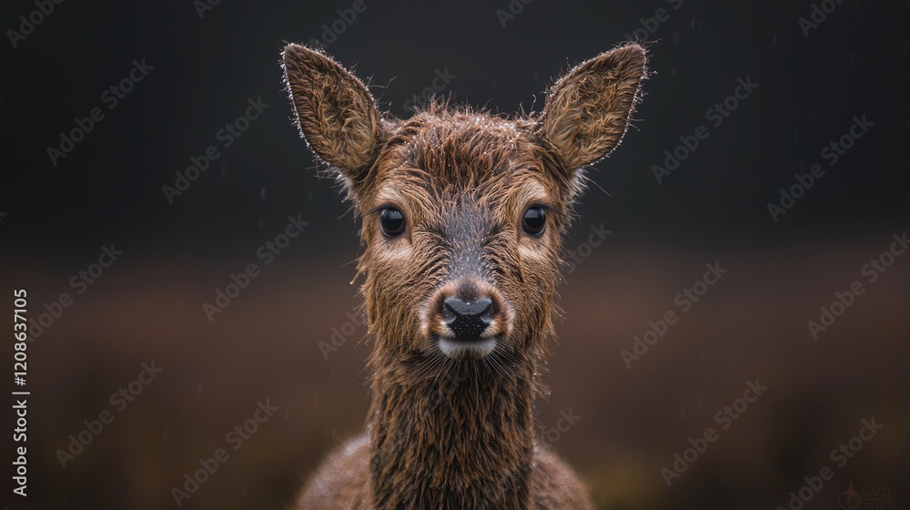 Wet deer portrait, forest background, wildlife photography, nature Wet deer portrait, forest background, wildlife photography, nature
