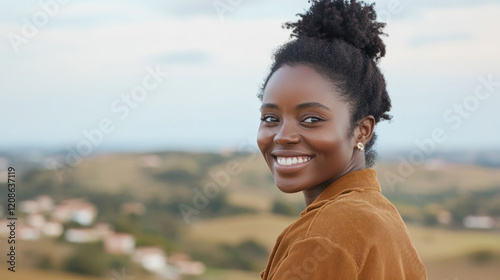 Afro woman in brown coat at agricultural landscape, organic female farmer
